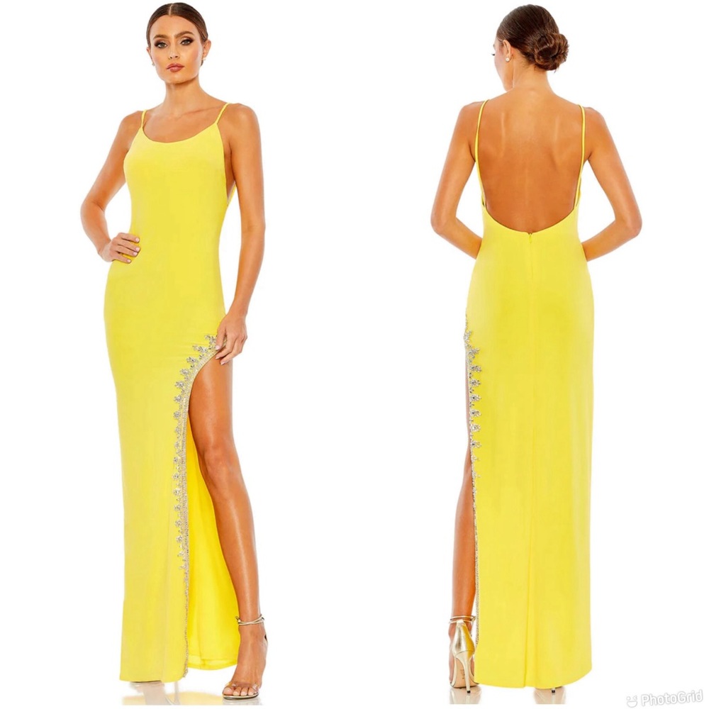 Mac Duggal Rhinestone Encrusted Side Slit Cami Bodycon Gown